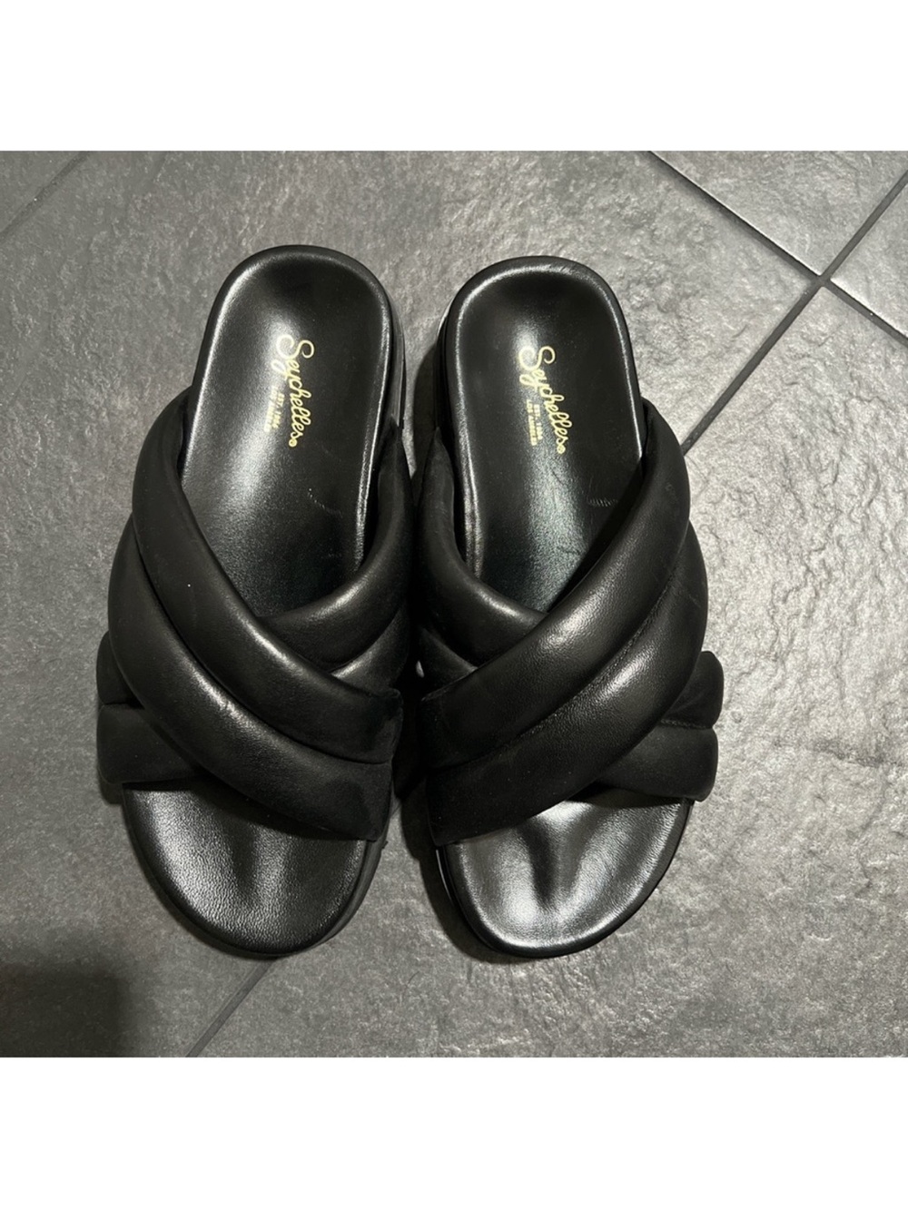 Seychelles Black Quilted Crisscross Slide Mules